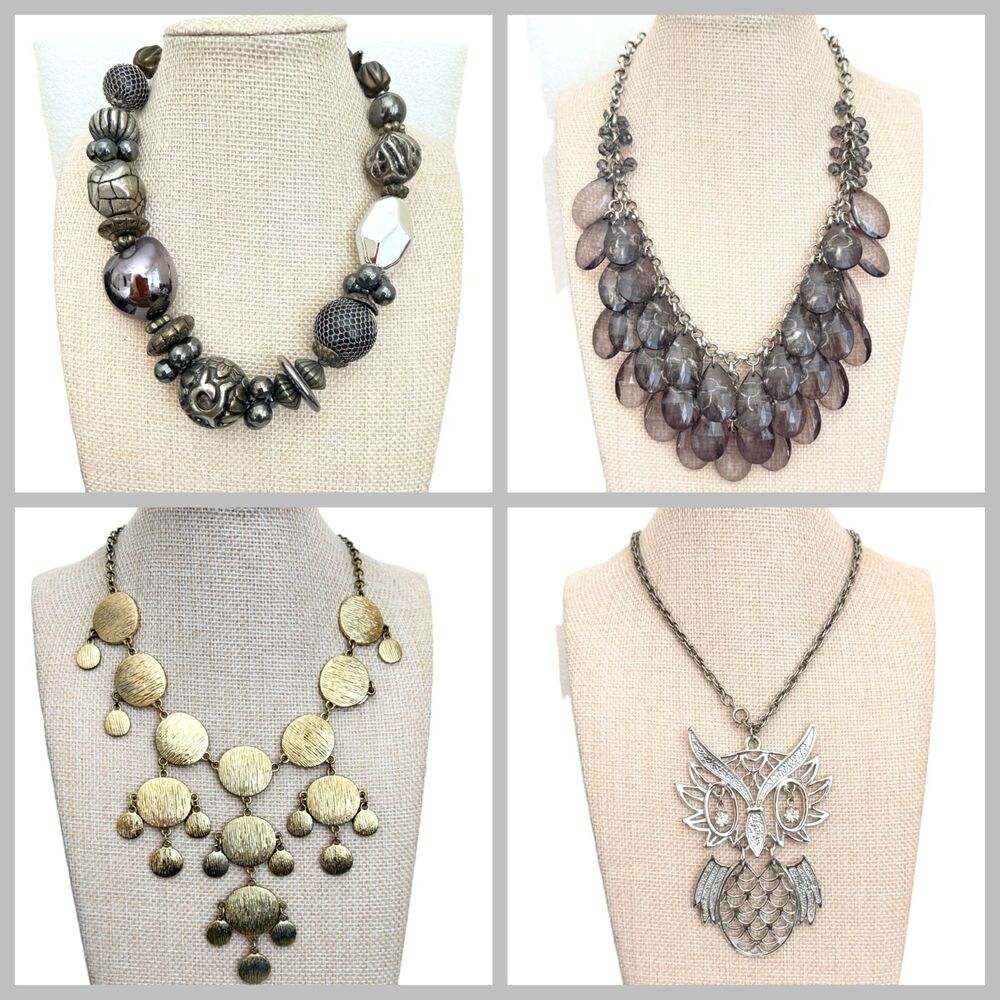 Lot of 4 Womens Statement Necklaces Chunky Owl Disc Teardrop Gunmetal Gold